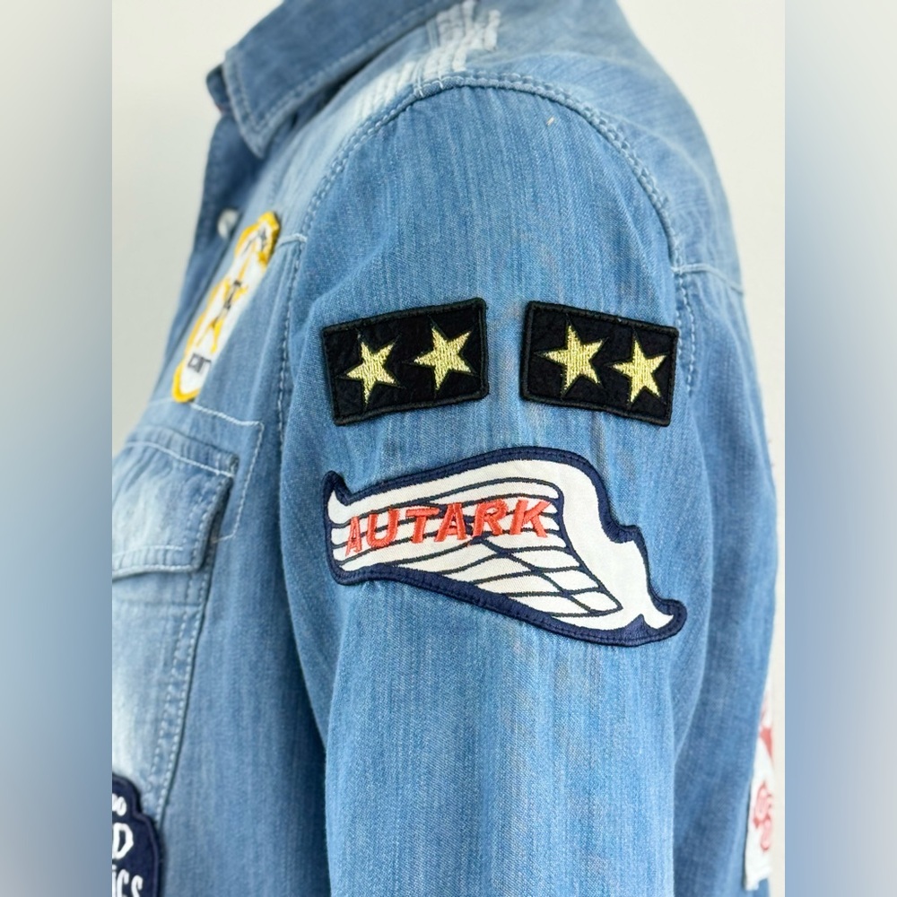 Men's Autark Long Sleeve Denim Like Button Shirt, Assorted Patches, Size Small - Picture 9 of 16